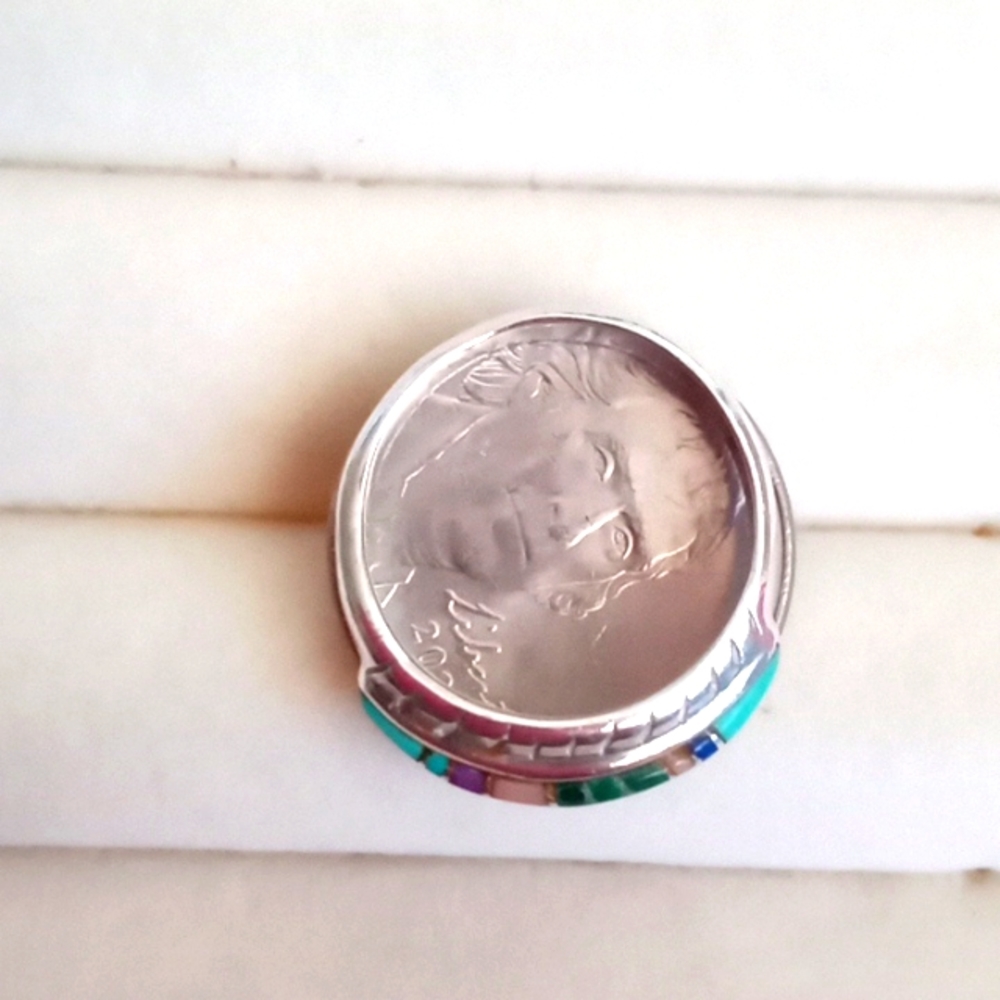 VINTAGE NATIVE AMERICAN MULTI-GEM IN LAY STERLING SILVER RING - Picture 5 of 7